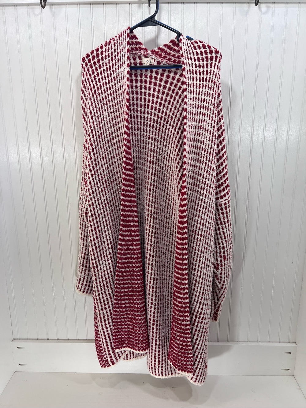 POL Burgundy Red Ivory Waffle Knit Long Boho Duster Cardigan Size L